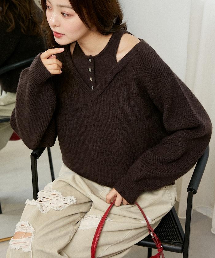 背心疊穿風格亨利領開口針織套頭衫