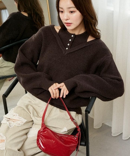 背心疊穿風格亨利領開口針織套頭衫