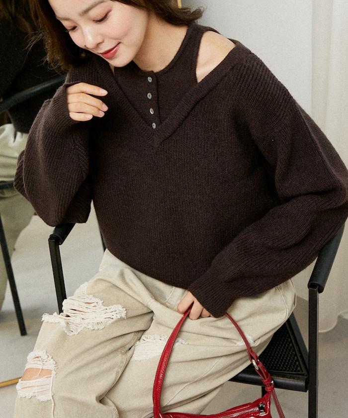 背心疊穿風格亨利領開口針織套頭衫