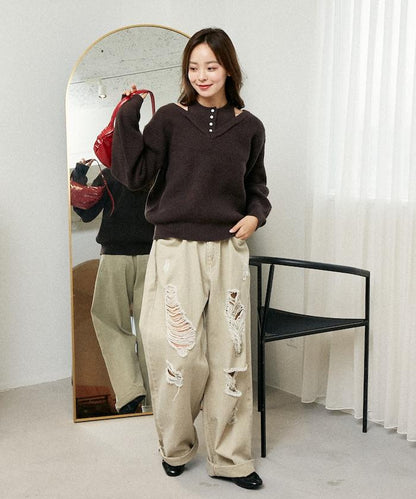 背心疊穿風格亨利領開口針織套頭衫