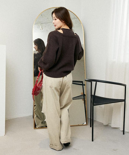 背心疊穿風格亨利領開口針織套頭衫