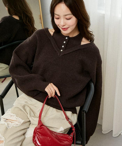 背心疊穿風格亨利領開口針織套頭衫