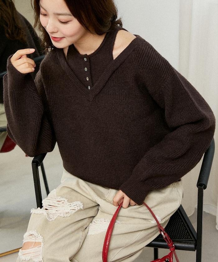 背心疊穿風格亨利領開口針織套頭衫