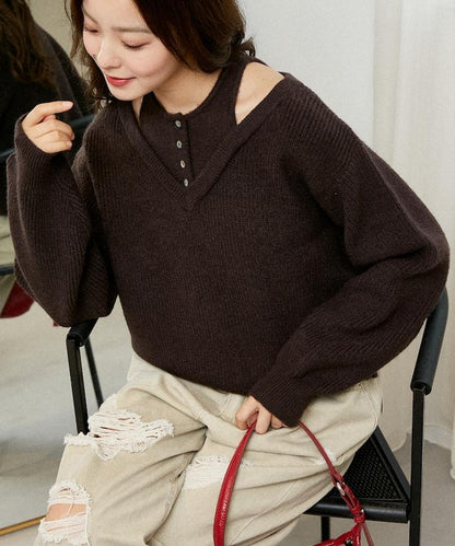 背心疊穿風格亨利領開口針織套頭衫