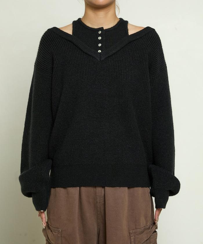 背心疊穿風格亨利領開口針織套頭衫