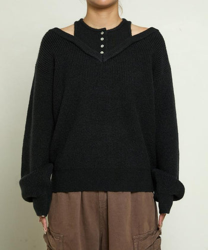 背心疊穿風格亨利領開口針織套頭衫