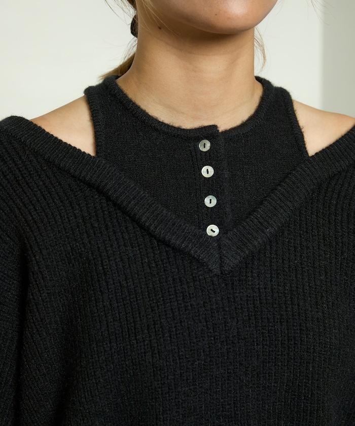 背心疊穿風格亨利領開口針織套頭衫