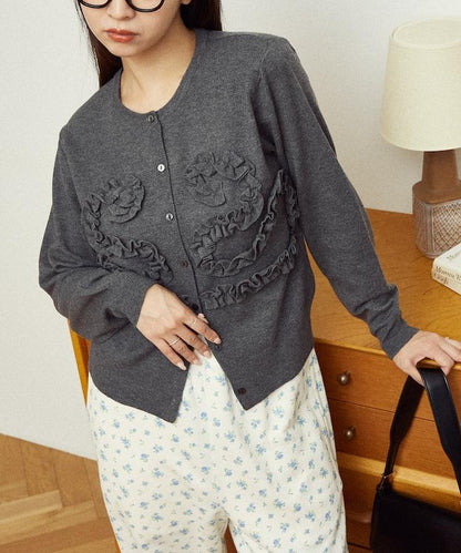 荷葉邊藝術圓領針織開衫