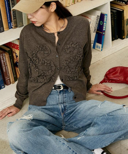 荷葉邊藝術圓領針織開衫