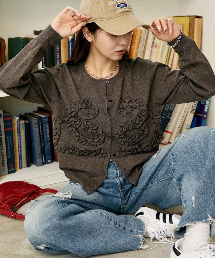 荷葉邊藝術圓領針織開衫