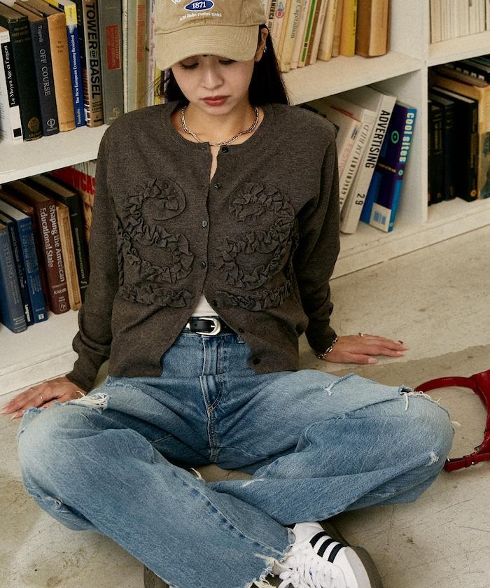 荷葉邊藝術圓領針織開衫