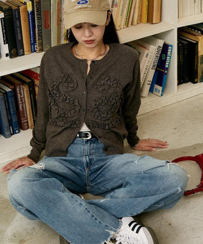 荷葉邊藝術圓領針織開衫