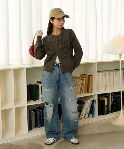 荷葉邊藝術圓領針織開衫