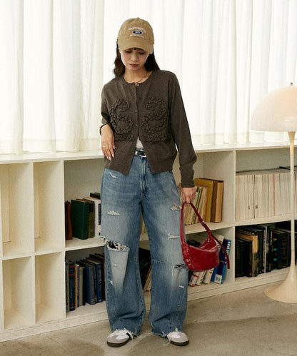 荷葉邊藝術圓領針織開衫