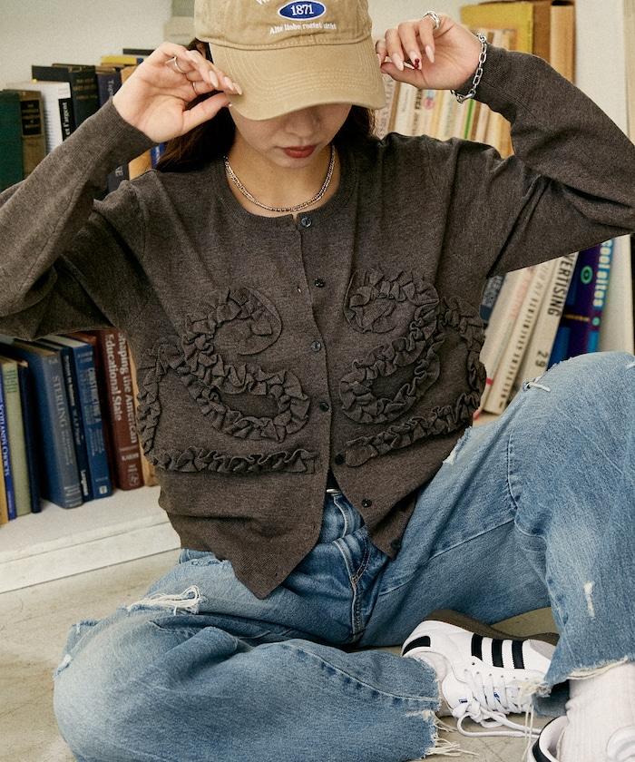 荷葉邊藝術圓領針織開衫