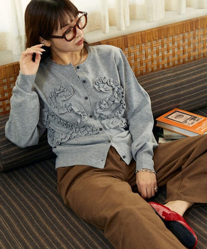 荷葉邊藝術圓領針織開衫