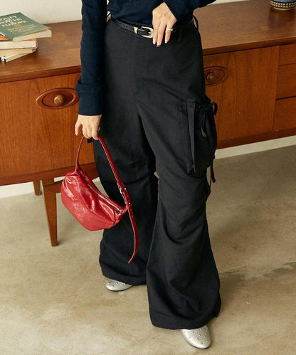 帶側口袋褶皺長褲