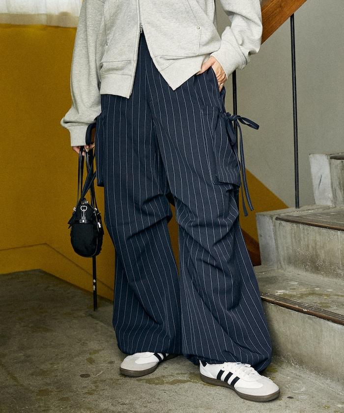 帶側口袋褶皺長褲