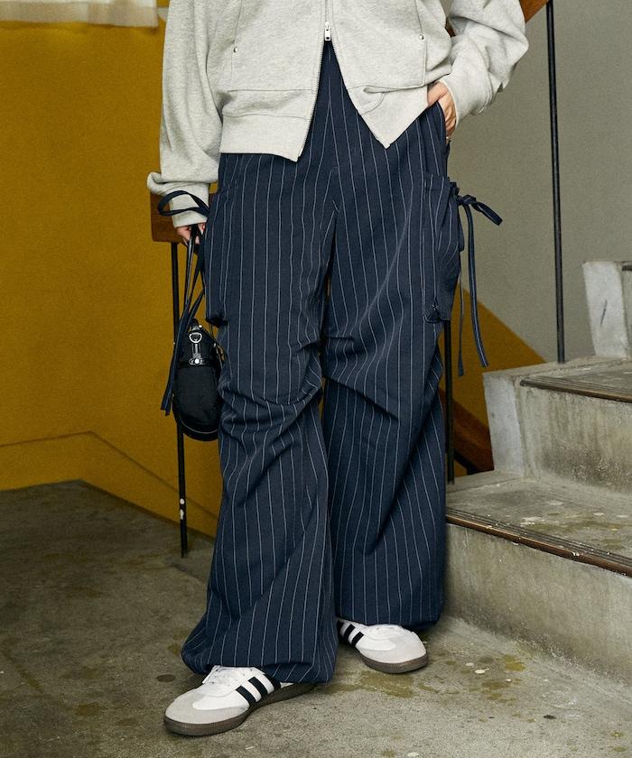 帶側口袋褶皺長褲