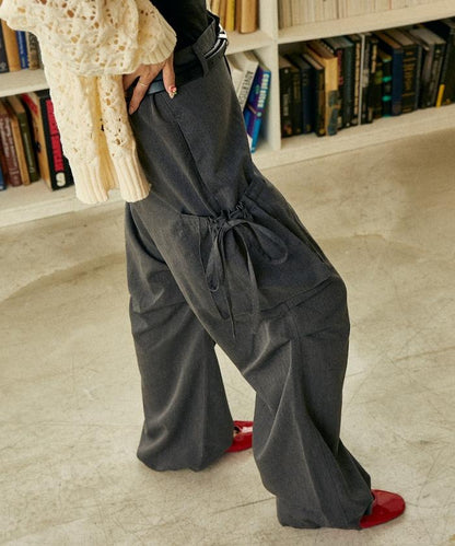 帶側口袋褶皺長褲