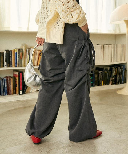 帶側口袋褶皺長褲