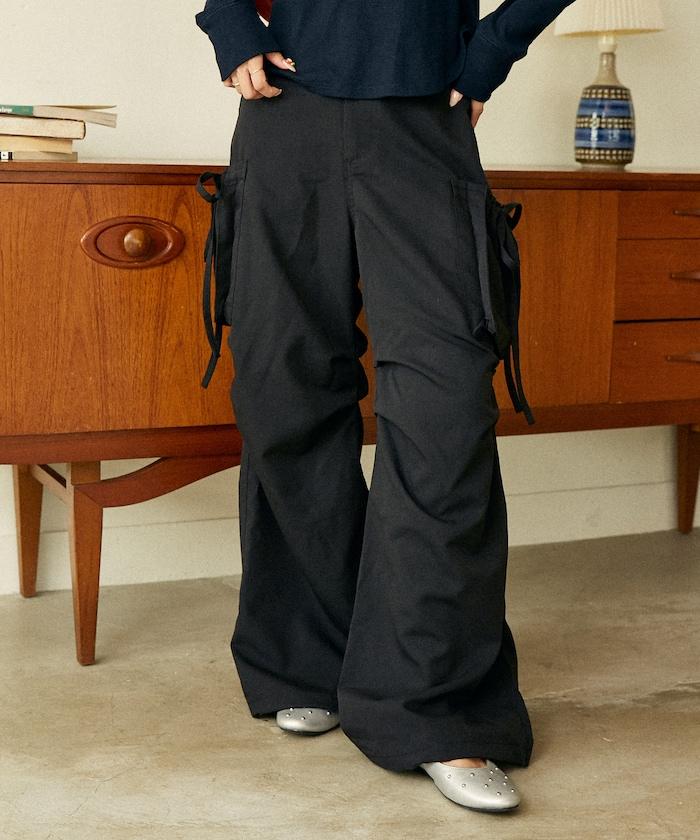 帶側口袋褶皺長褲