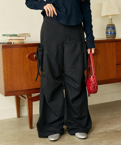 帶側口袋褶皺長褲