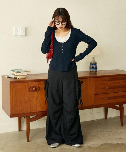 帶側口袋褶皺長褲