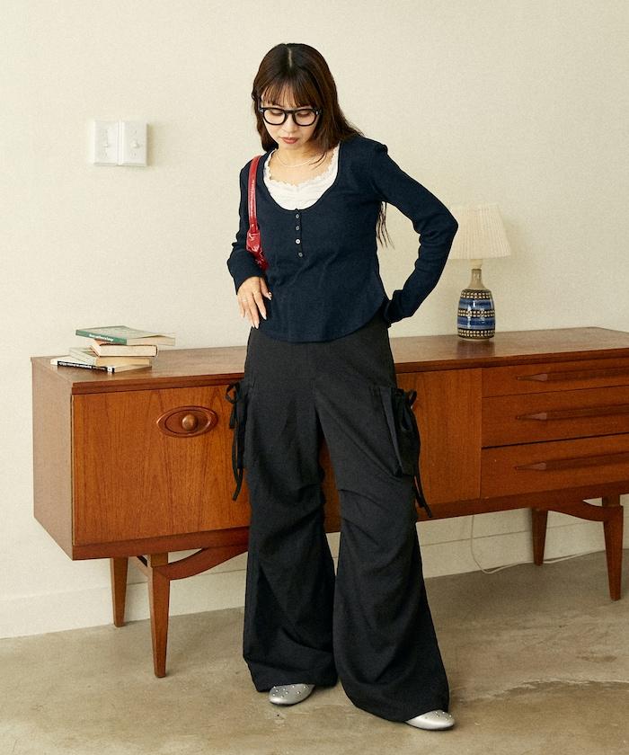 帶側口袋褶皺長褲