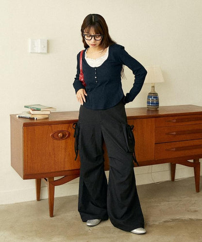 帶側口袋褶皺長褲