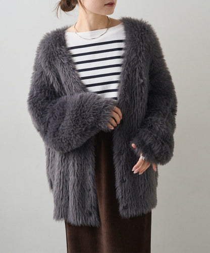 毛絨針織V領開衫