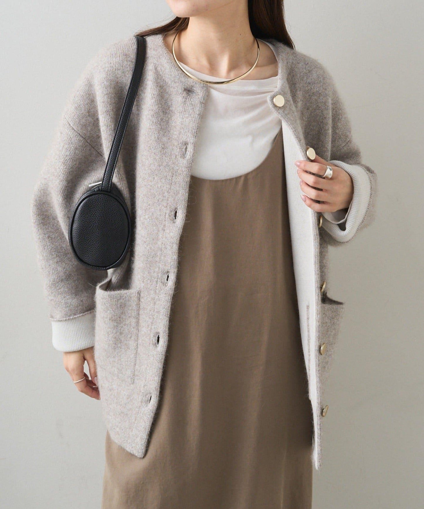 雙面針織無領中長款大衣