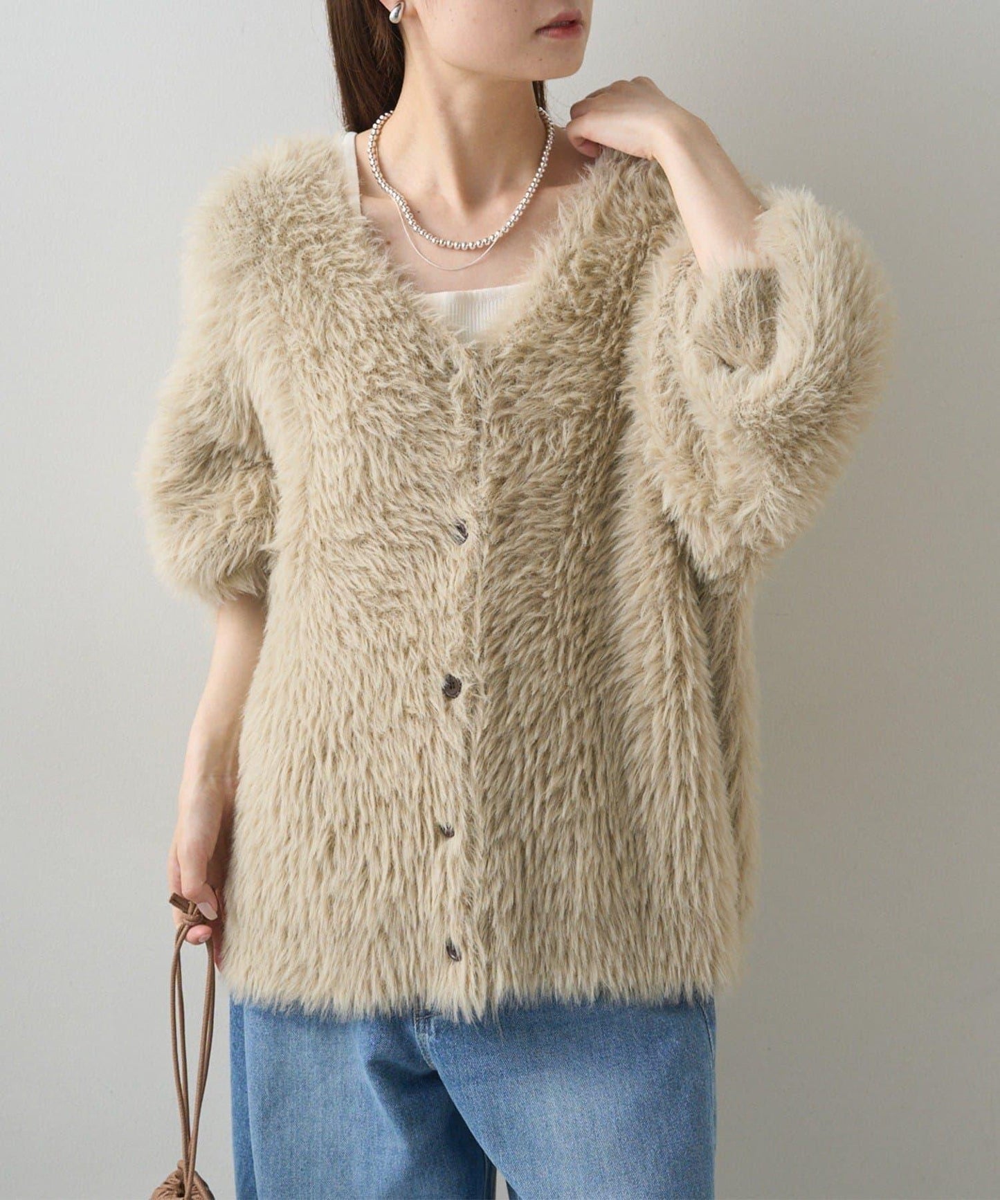 毛絨針織V領開衫