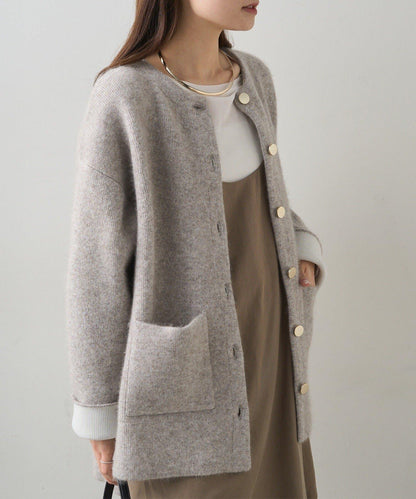 雙面針織無領中長款大衣