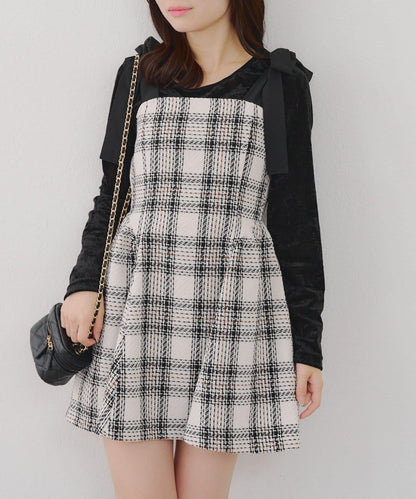 【Tweed Collection】肩帶蝴蝶結呢料迷你連衣裙