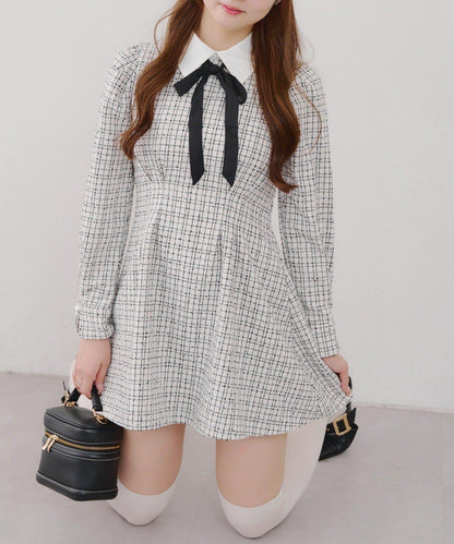 【Tweed Collection】拼色領口粗花呢迷你連衣裙