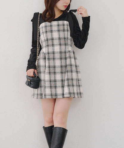 【Tweed Collection】肩帶蝴蝶結呢料迷你連衣裙