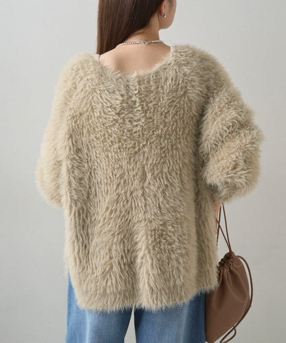 毛絨針織V領開衫