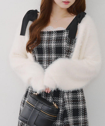 【Tweed Collection】肩帶蝴蝶結呢料迷你連衣裙