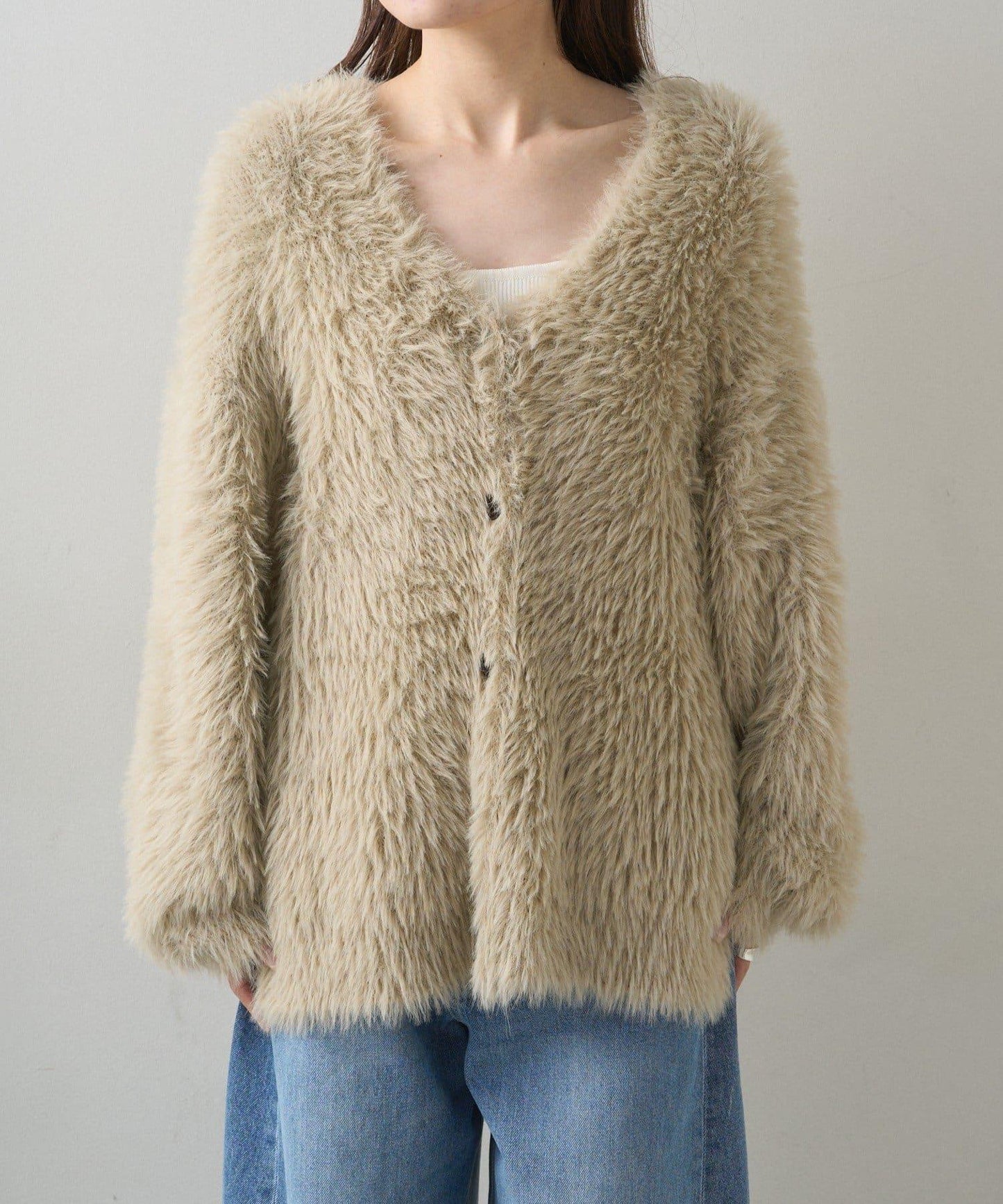 毛絨針織V領開衫