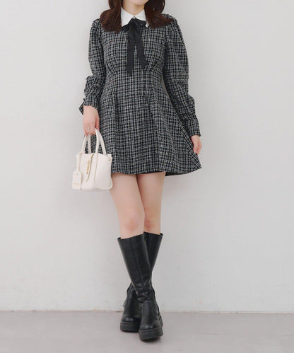 【Tweed Collection】拼色領口粗花呢迷你連衣裙