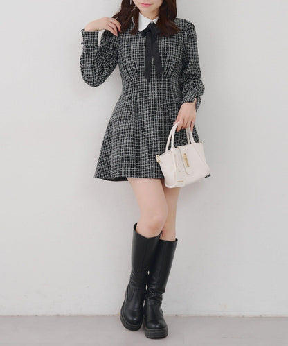 【Tweed Collection】拼色領口粗花呢迷你連衣裙