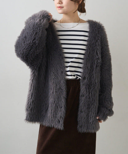 毛絨針織V領開衫