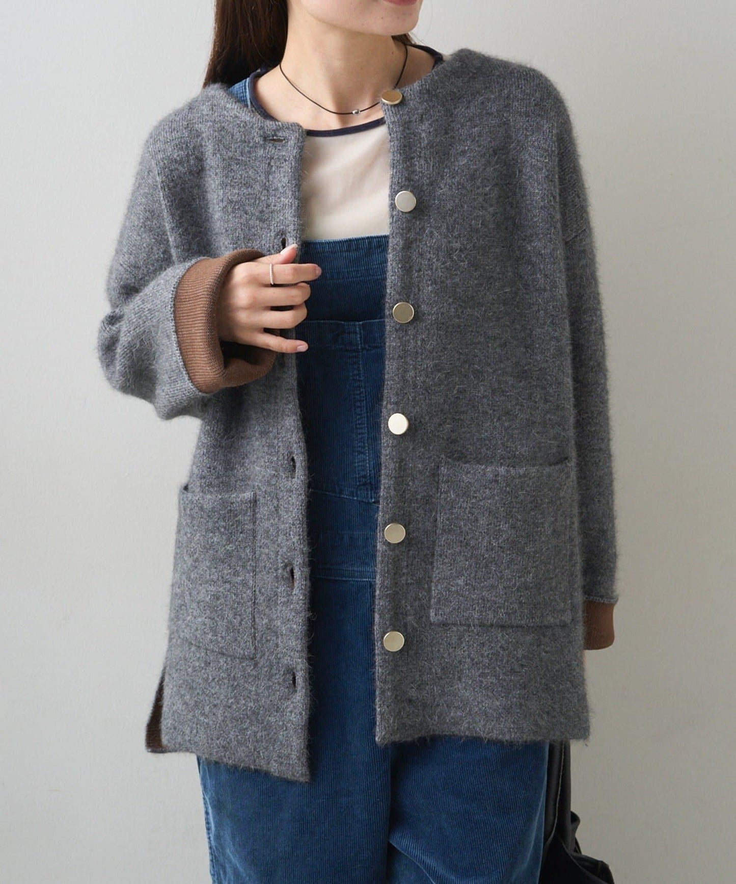 雙面針織無領中長款大衣