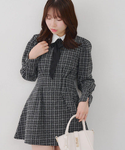 【Tweed Collection】拼色領口粗花呢迷你連衣裙