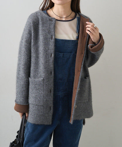 雙面針織無領中長款大衣