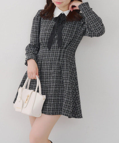 【Tweed Collection】拼色領口粗花呢迷你連衣裙