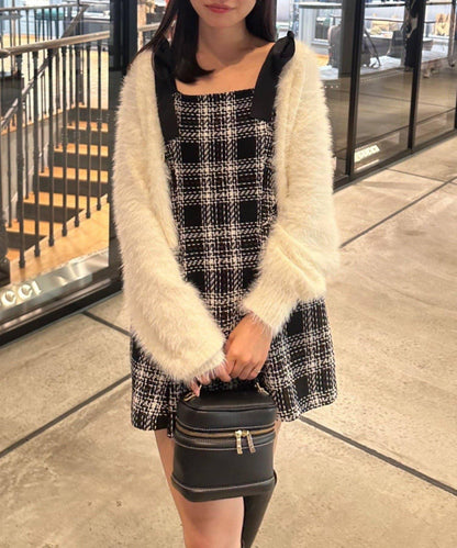 【Tweed Collection】肩帶蝴蝶結呢料迷你連衣裙
