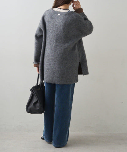 雙面針織無領中長款大衣