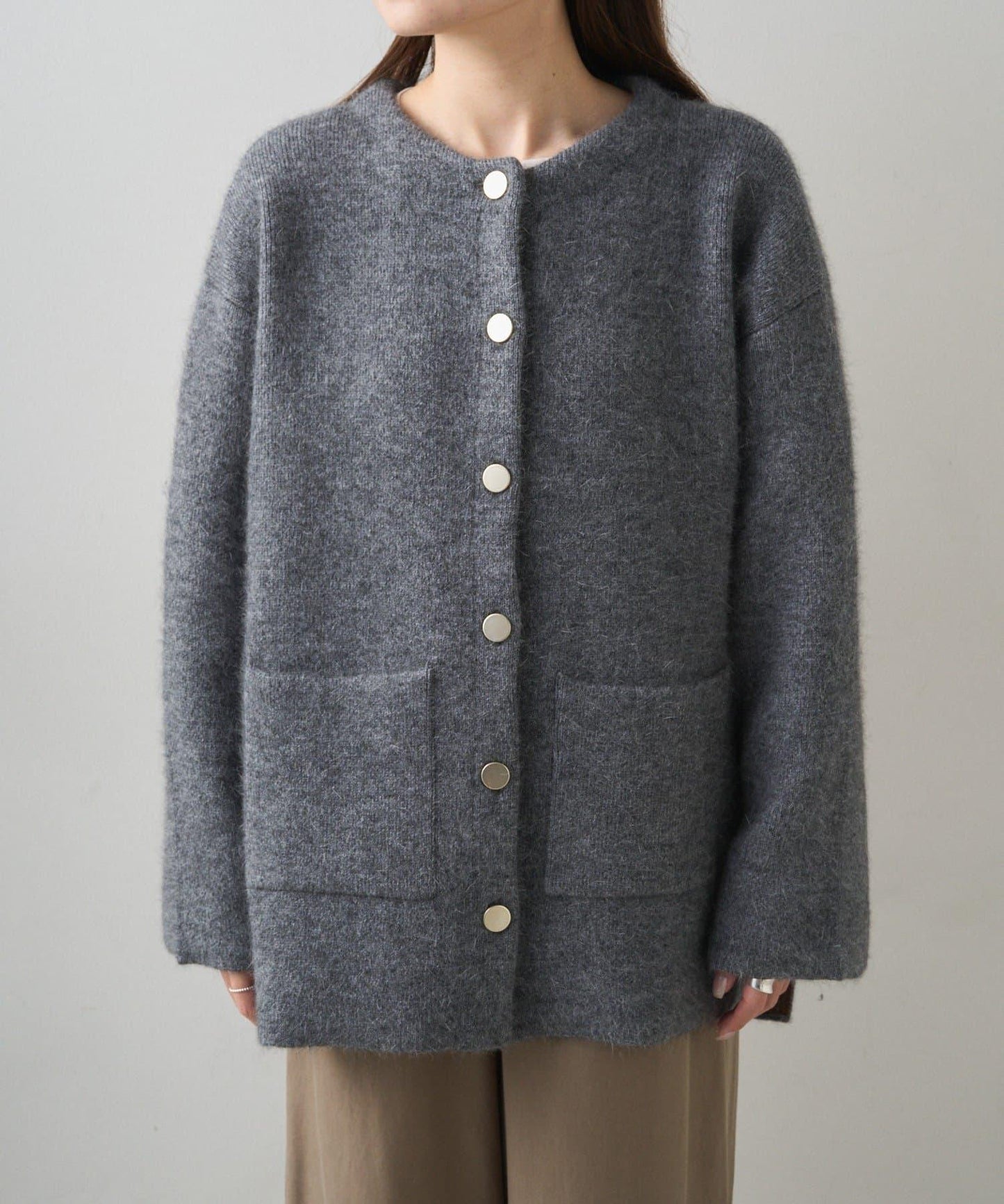 雙面針織無領中長款大衣